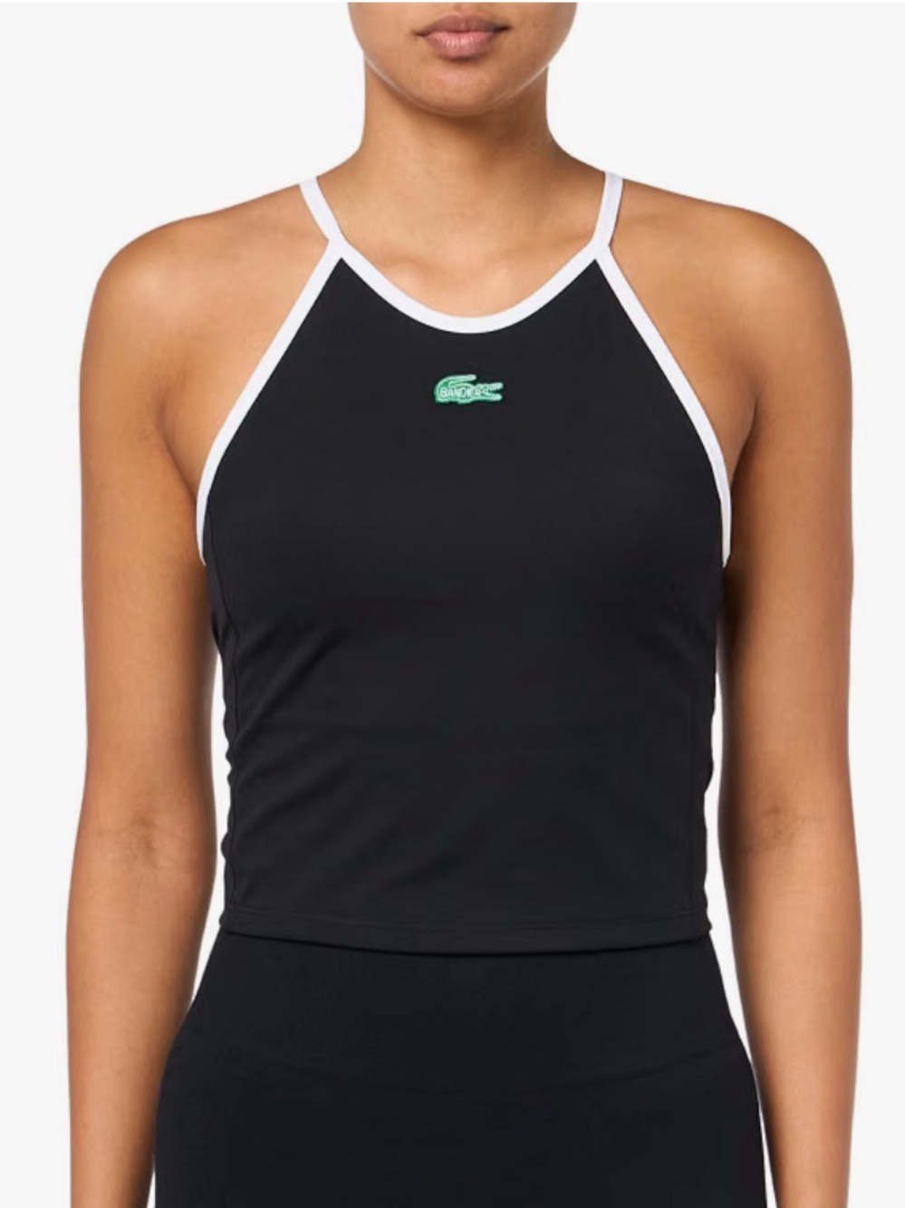 Lacoste Black Cropped High-Neck Tank with White Trim and Green Logo